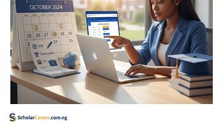 Create a professional blog featured image for the post titled: “Best Time to Start Applying for Scholarships: Timeline & Strategy” Design Description: A clean, modern layout suitable for an education and career blog (ScholarCareer.com.ng). Show a Nigerian student sitting at a desk or using a laptop, checking a calendar or scholarship portal. Include visual elements like: A calendar or clock symbolizing deadlines and timing. Documents or checklist icons (representing SOP, transcripts, CV). Subtle academic visuals — books, graduation cap, or world map (for international scholarships). Text overlay: “Best Time to Start Applying for Scholarships” Subtitle (smaller text): “Timeline & Strategy for Nigerian Students” Color scheme: Blue, white, and light gold (professional, trustworthy, and academic). Style: Bright daylight, high-resolution, minimal clutter, with clear typography (sans-serif font). Aspect ratio: 16:9 (ideal for blog headers). Alt text: Professional banner showing a Nigerian student checking scholarship deadlines on a laptop with a calendar in the background — titled Best Time to Start Applying for Scholarships: Timeline & Strategy.